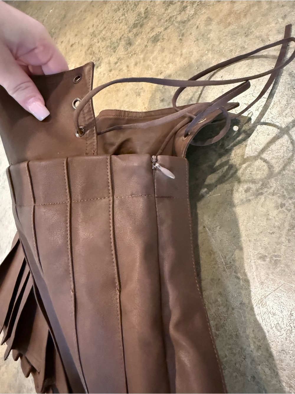 Brown Pleated Leather Mini Skirt - Picture 3 of 7